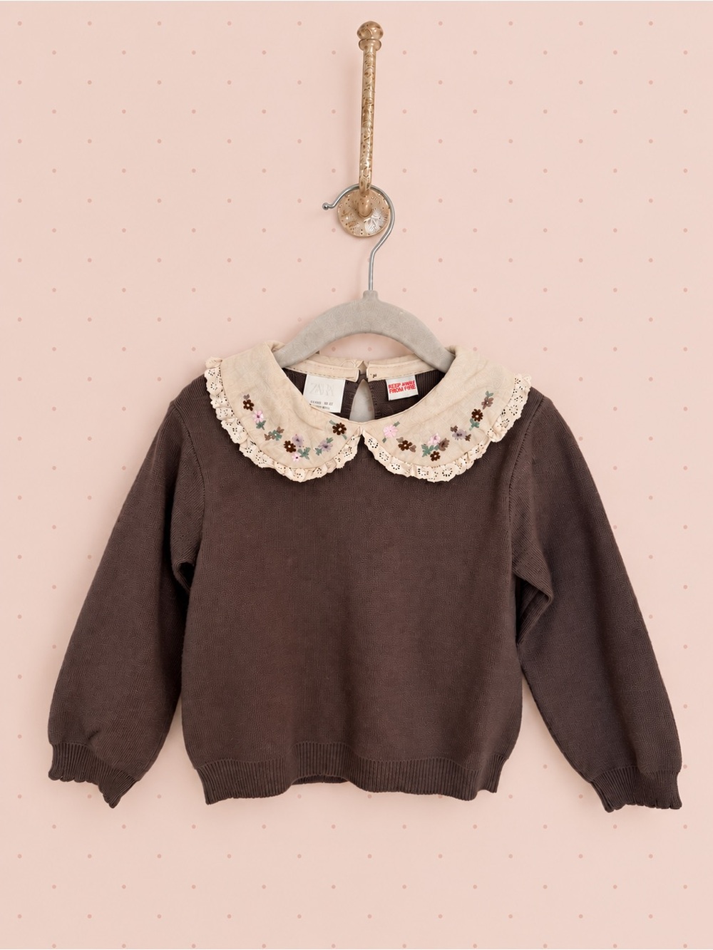 Zara Brown Knit Sweater with Cream Embroidered Peter Pan Collar